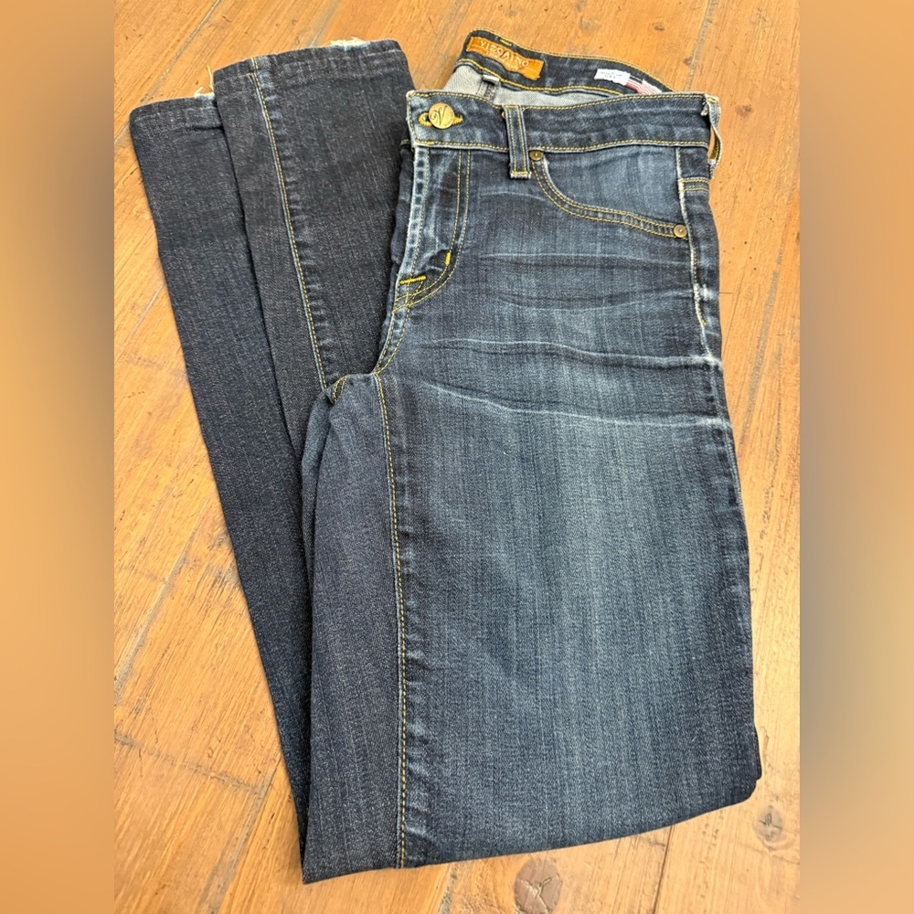 Vizcaino straight leg dark wash distressed woman's jeans. Size 28. Made in USA.